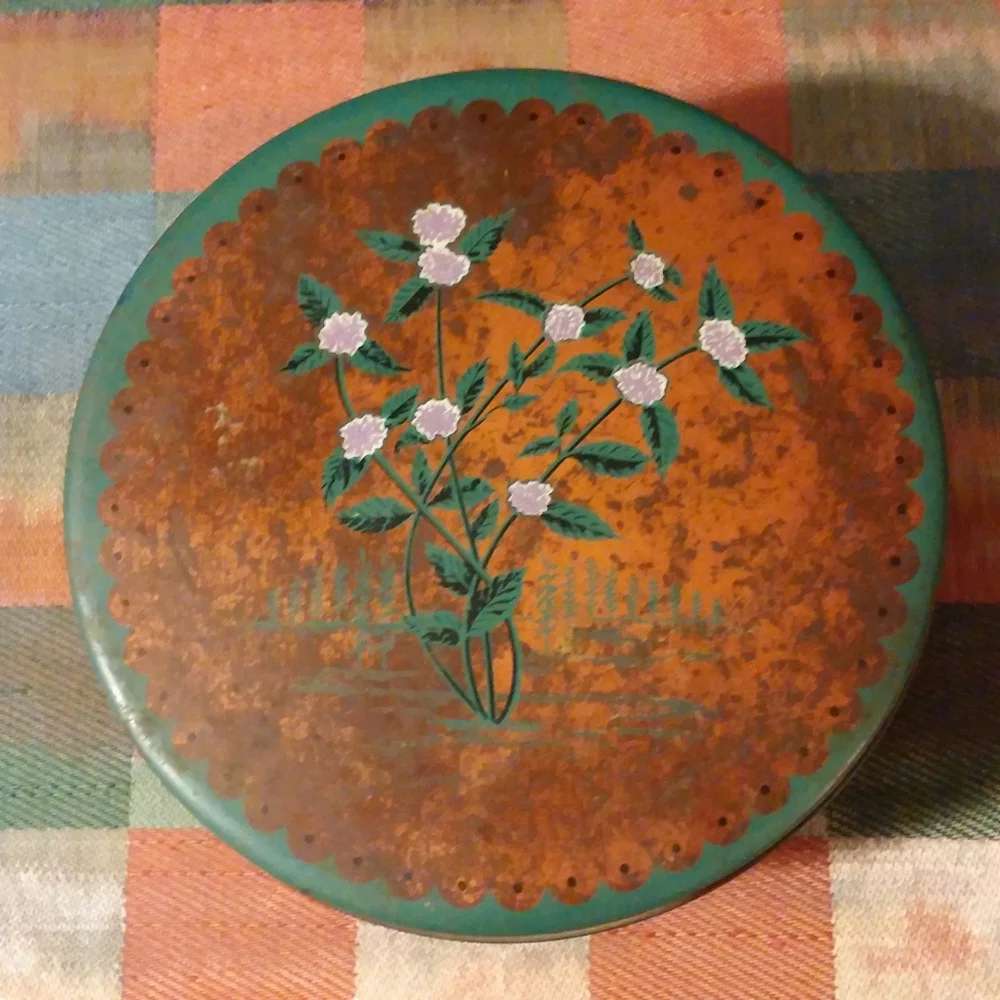 Vintage Copper Tin Storage Cherrydale Farms Mints Box Floral Top Gold, Green